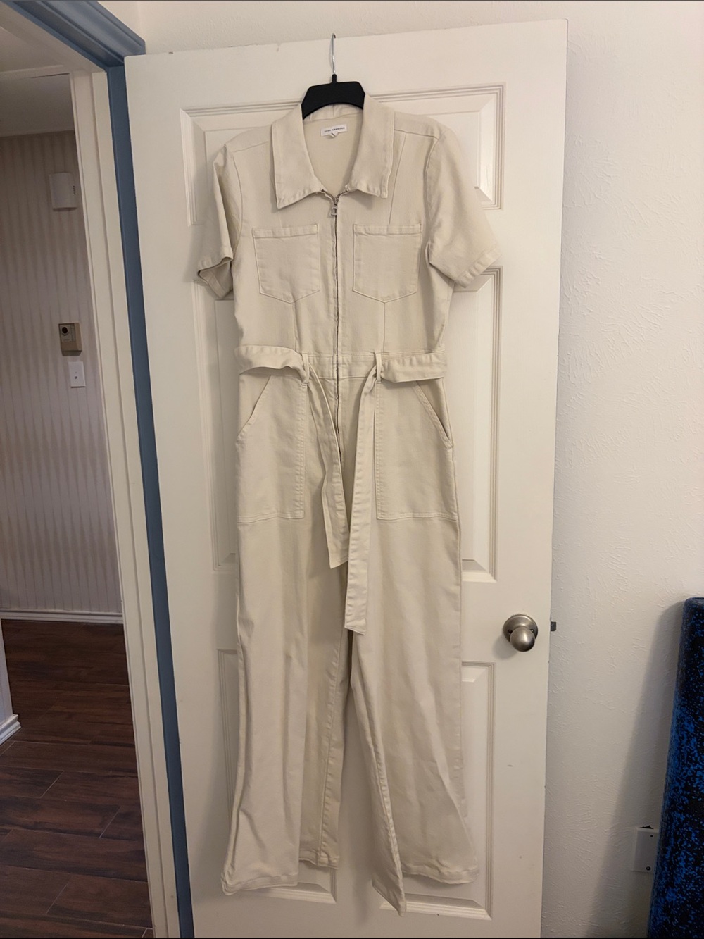 Denim Utility Jumpsuit in Cream with Tie Waist